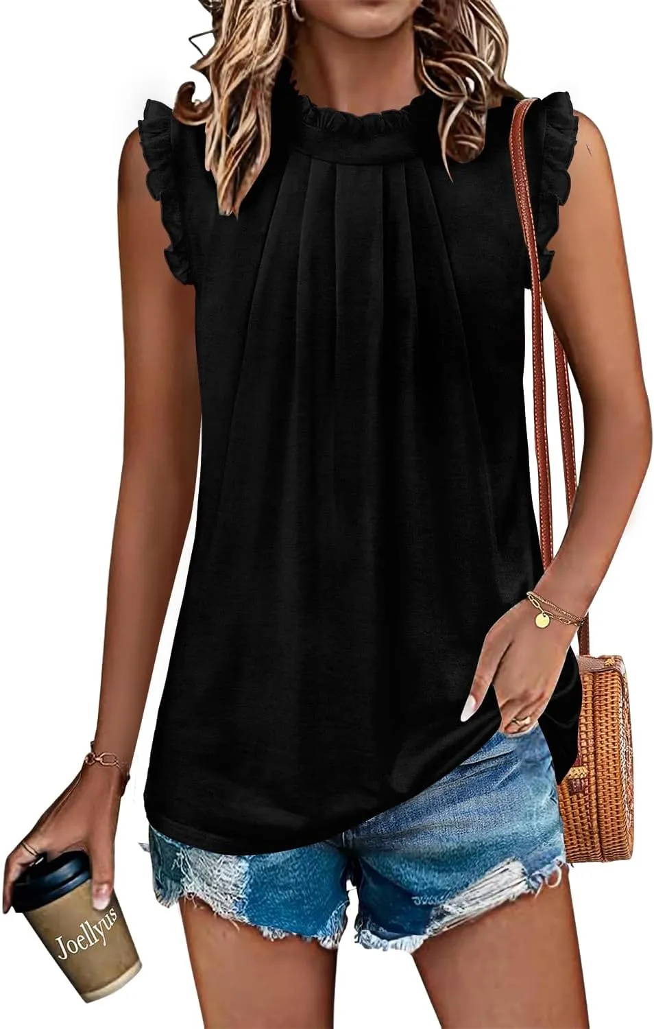 onlypuff Womens Tank Tops Sleeveless Pleated Crew Neck Shirts Dressy Casual Work Cami Blouse
