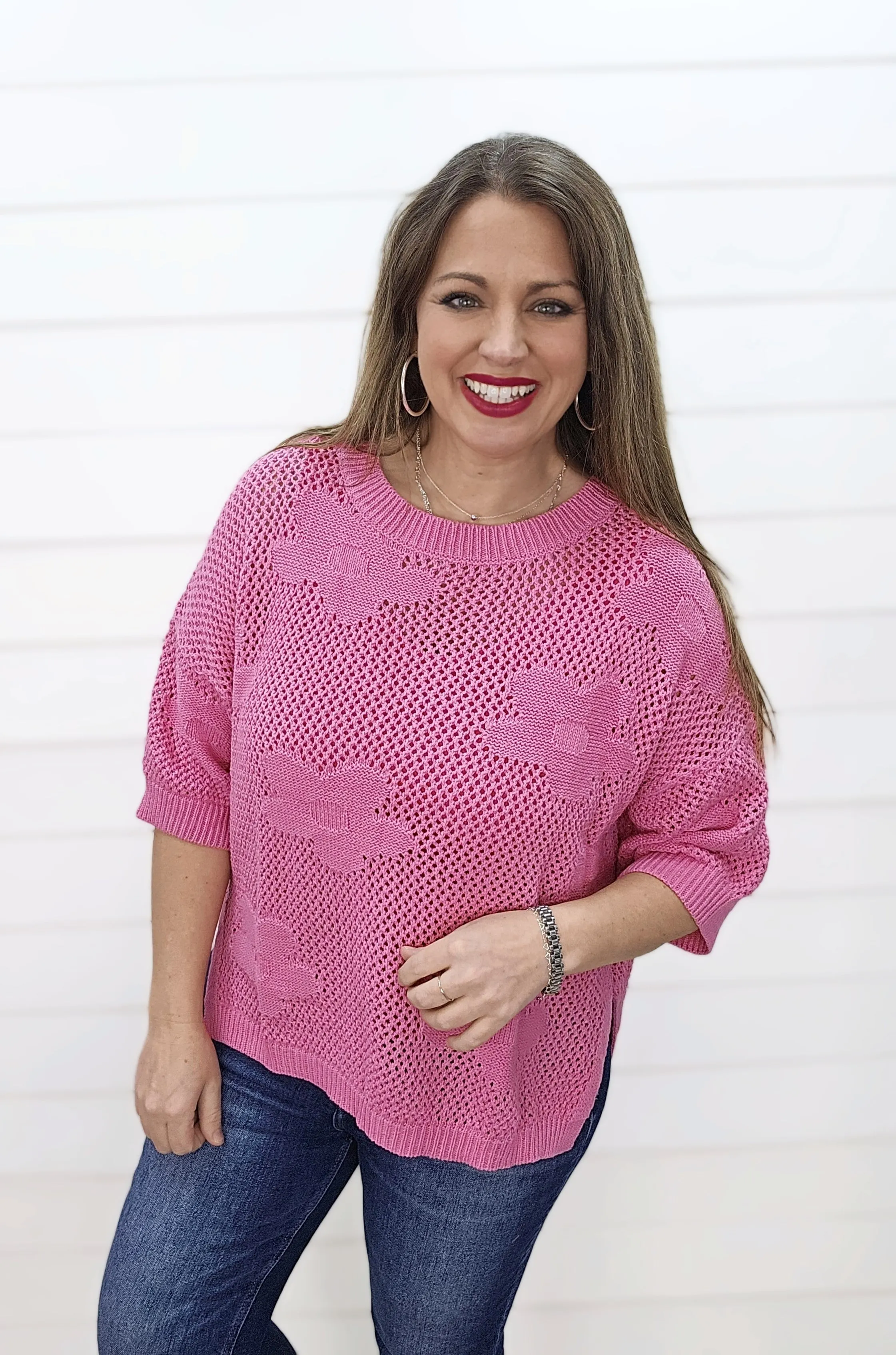 PINK 3/4 SLEEVE FLORAL OVERSIZED OPEN KNIT CROCHET TOP