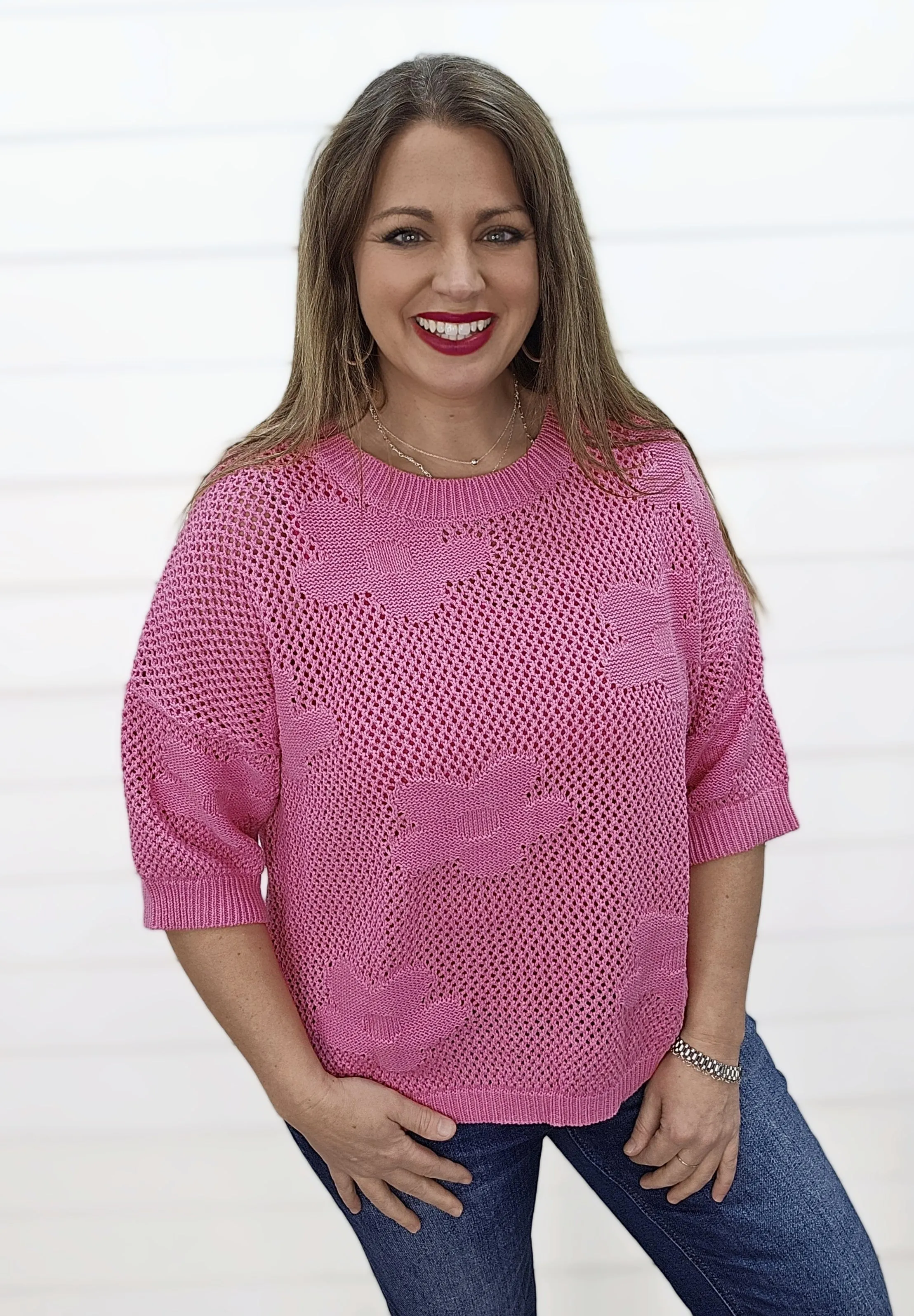 PINK 3/4 SLEEVE FLORAL OVERSIZED OPEN KNIT CROCHET TOP