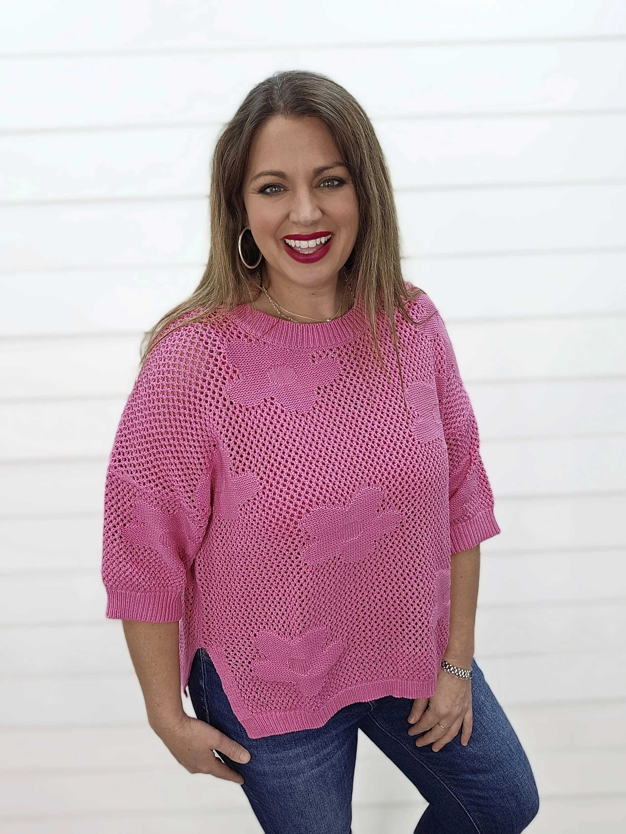 PINK 3/4 SLEEVE FLORAL OVERSIZED OPEN KNIT CROCHET TOP