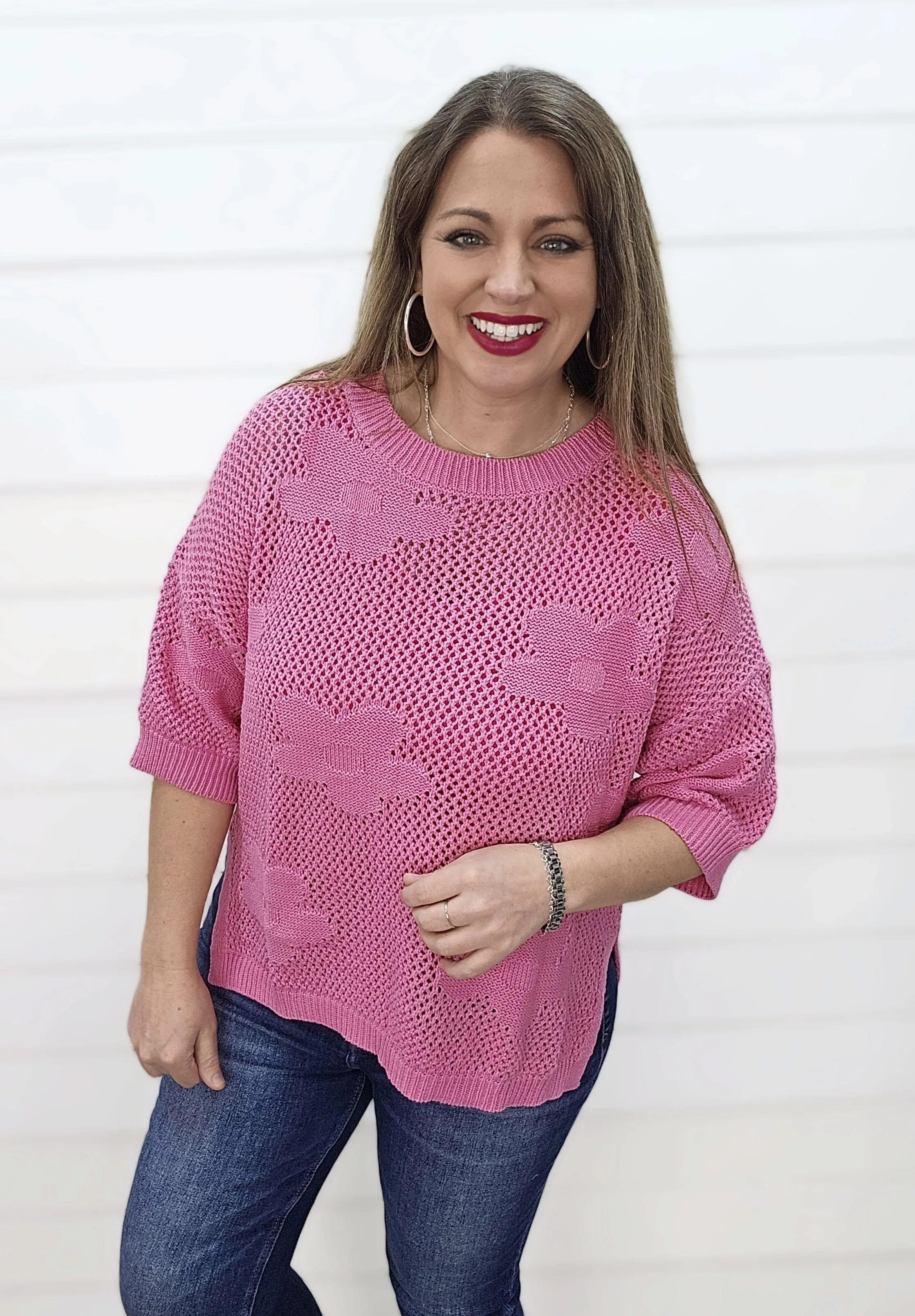 PINK 3/4 SLEEVE FLORAL OVERSIZED OPEN KNIT CROCHET TOP