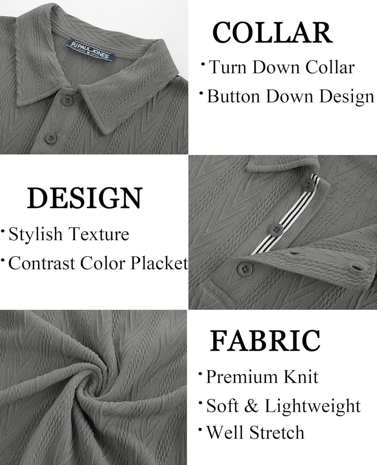 PJ PAUL JONES Men's Textured Knit Polo Shirt Short Sleeve Regular Fit Stretch Collared Summer Shirts