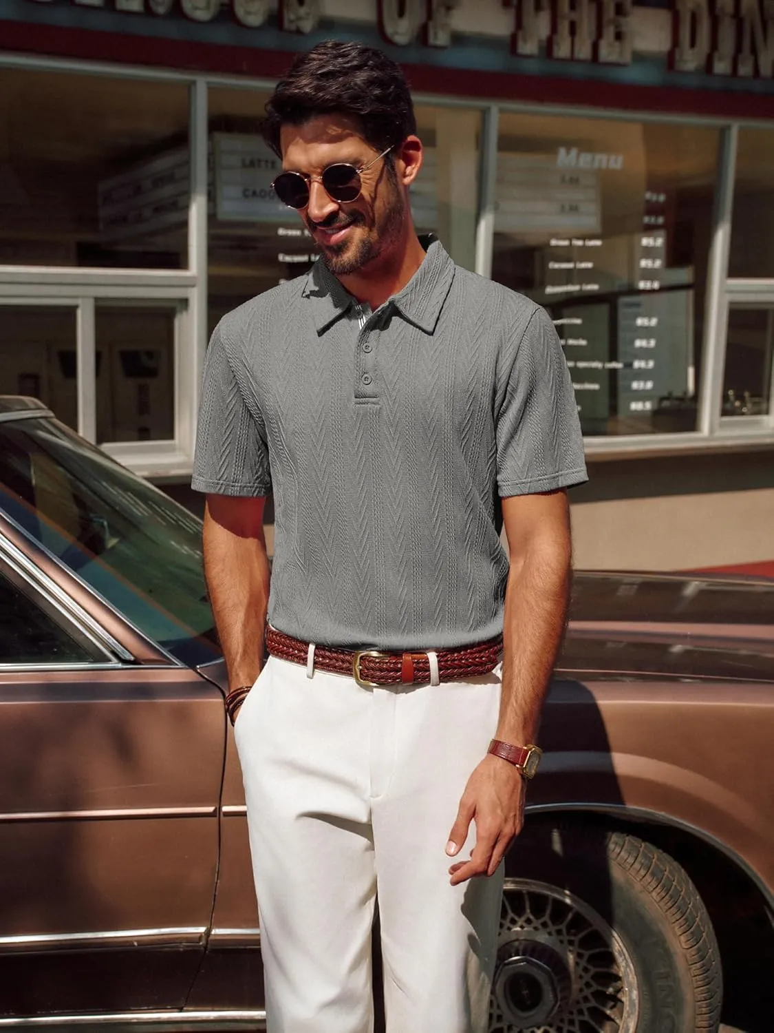 PJ PAUL JONES Men's Textured Knit Polo Shirt Short Sleeve Regular Fit Stretch Collared Summer Shirts