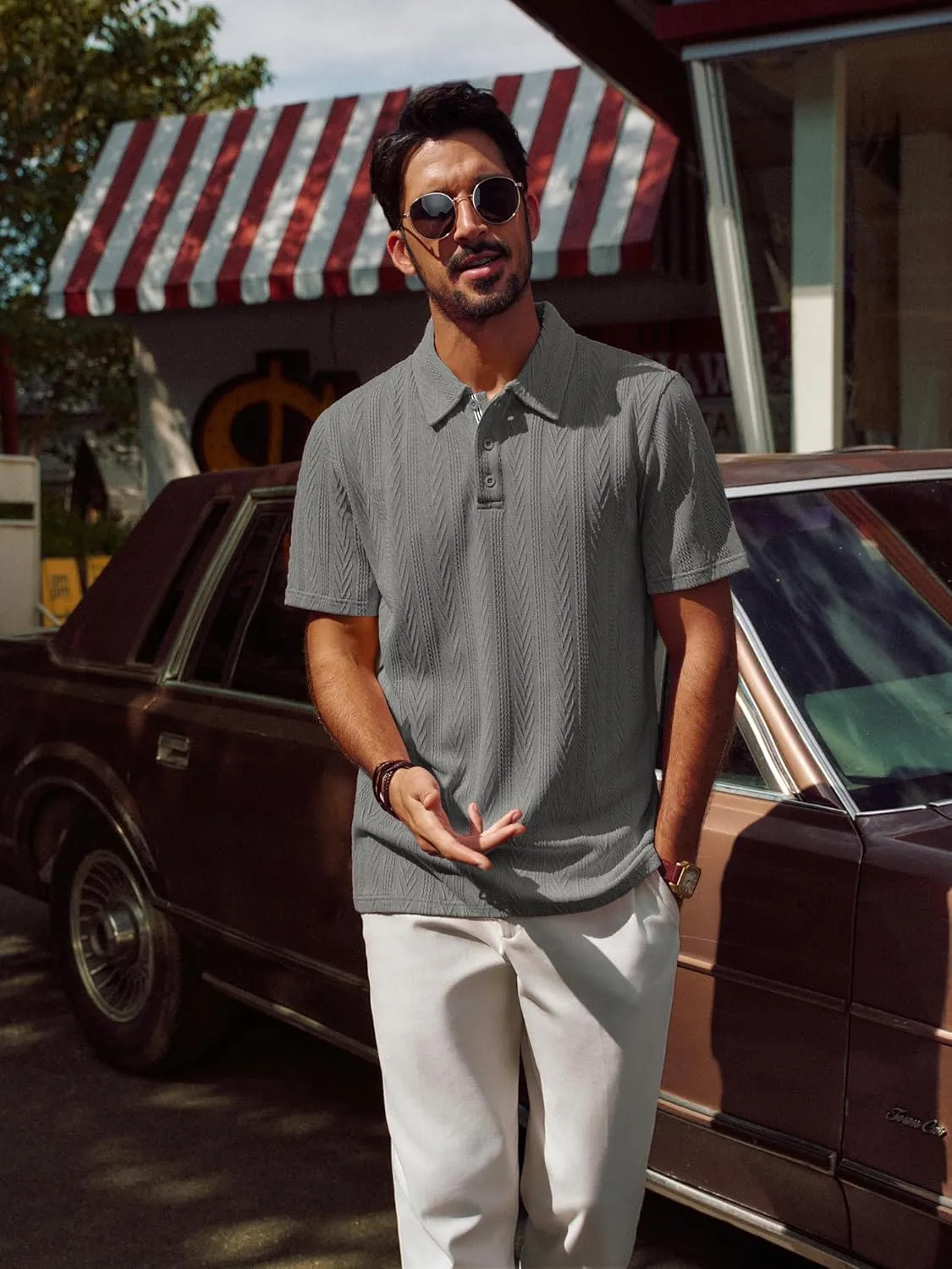 PJ PAUL JONES Men's Textured Knit Polo Shirt Short Sleeve Regular Fit Stretch Collared Summer Shirts