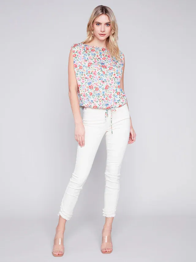 PRINTED SATIN TOP WITH DRAWSTRING