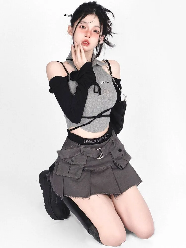 Retro Patchwork Mini Skirts - Sexy Pleated All Match Design for Women Safari Style Personality - Hot Girls Summer Denim Streetwear Faldas