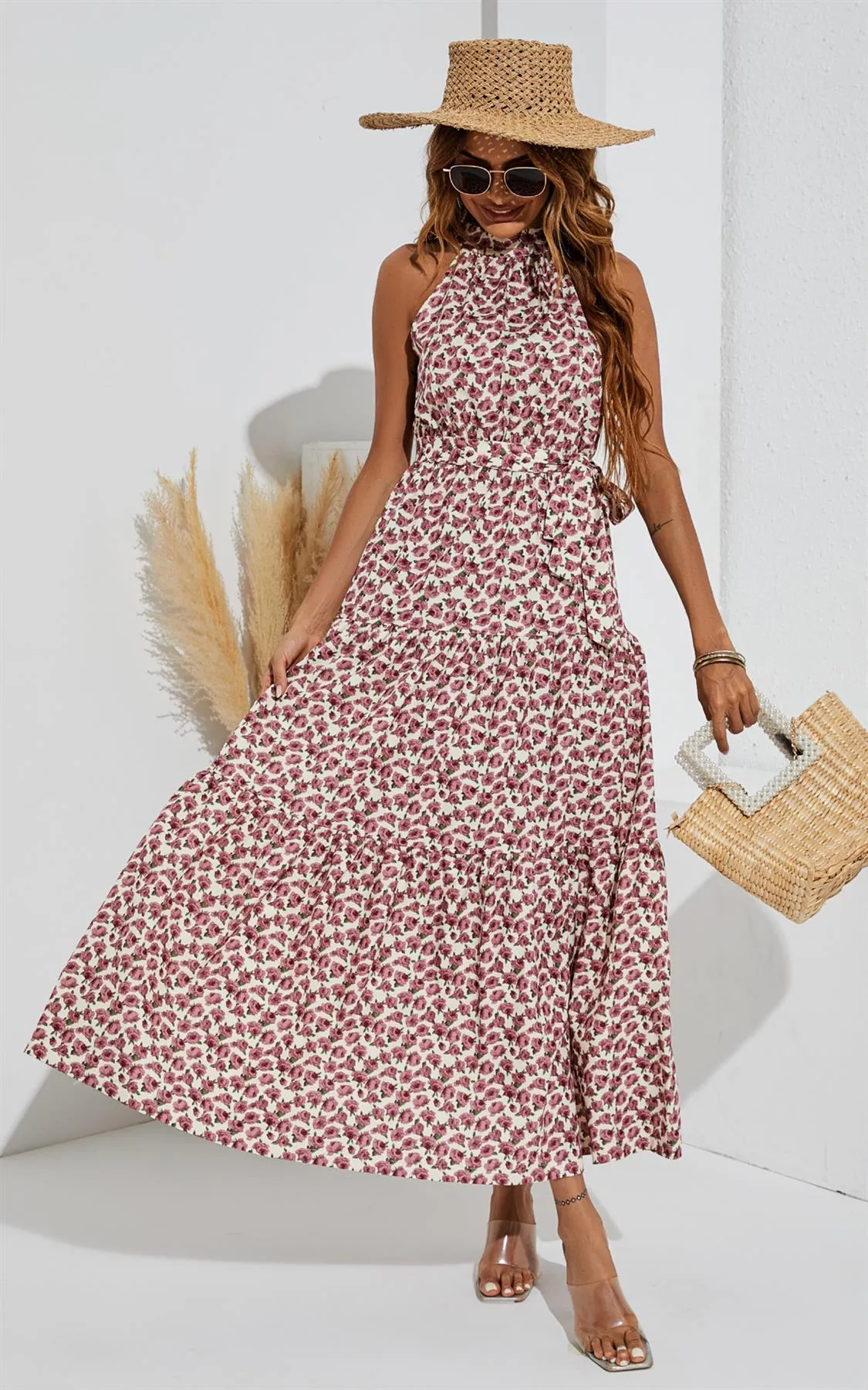 Rose Garden Halter Neck Maxi Layer Dress In Pink Flora Print