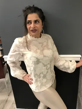 Rose White Embossed Angel Sleeve Top