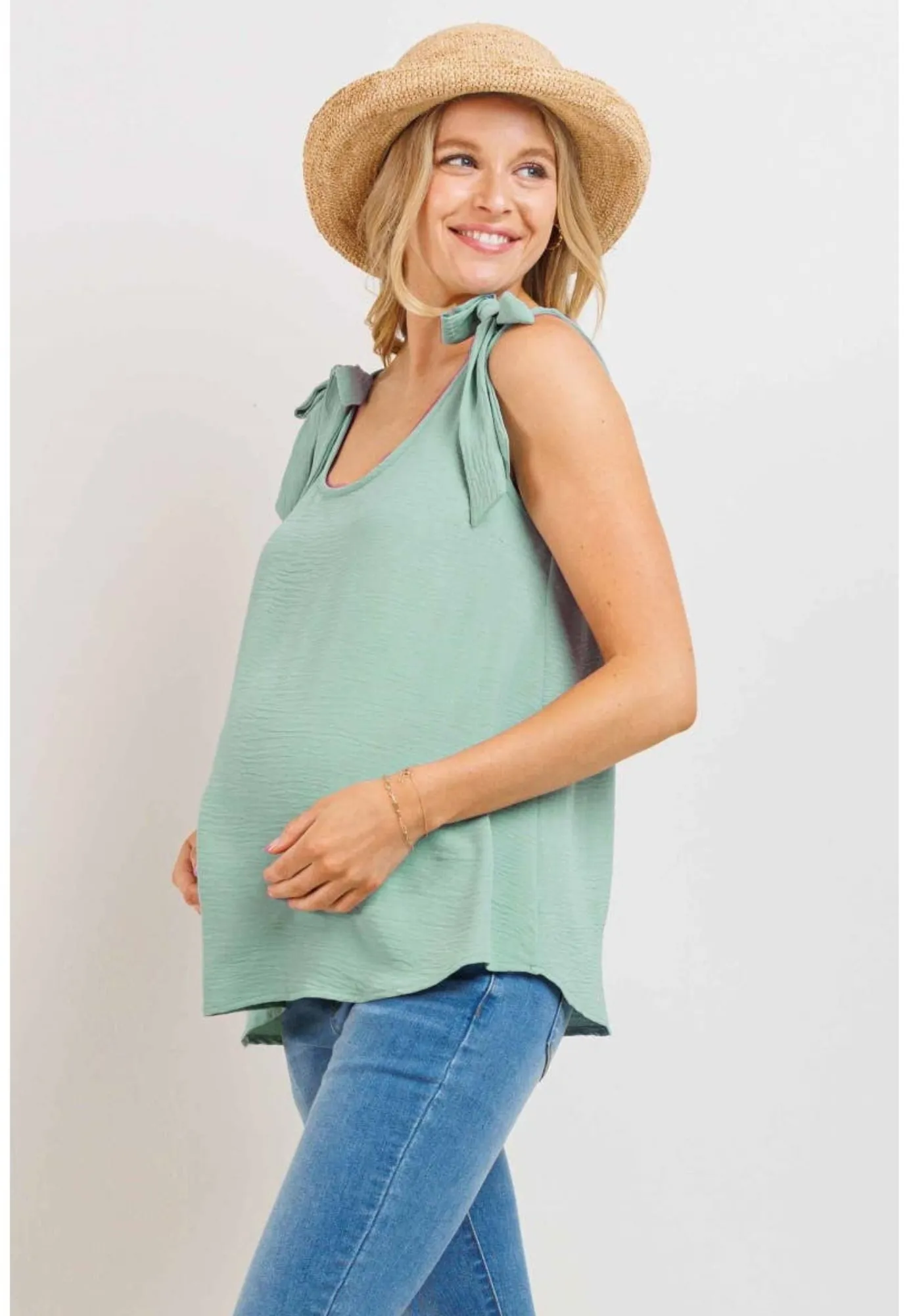 Round Neck Tie-Shoulder Maternity Tank Top