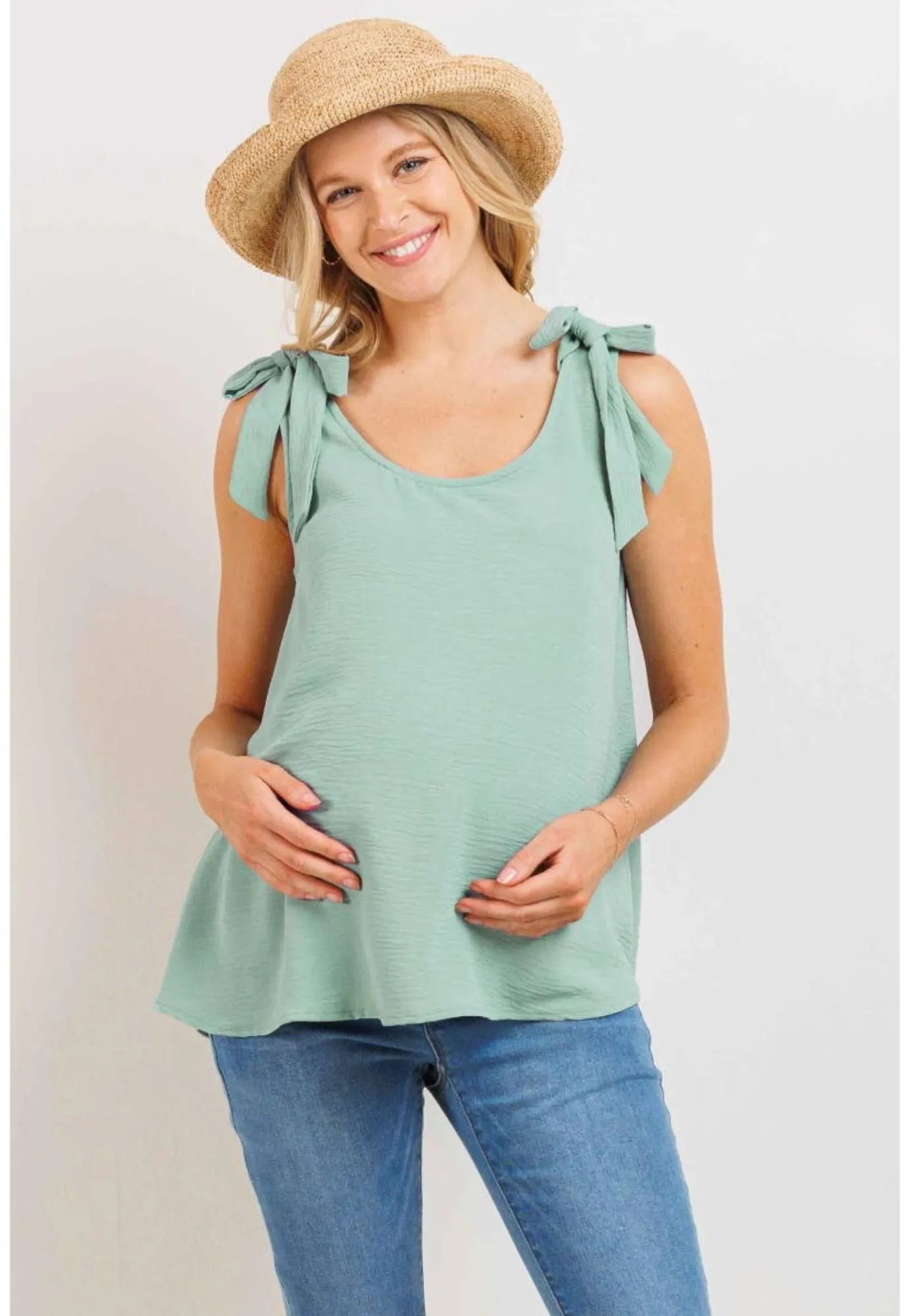 Round Neck Tie-Shoulder Maternity Tank Top