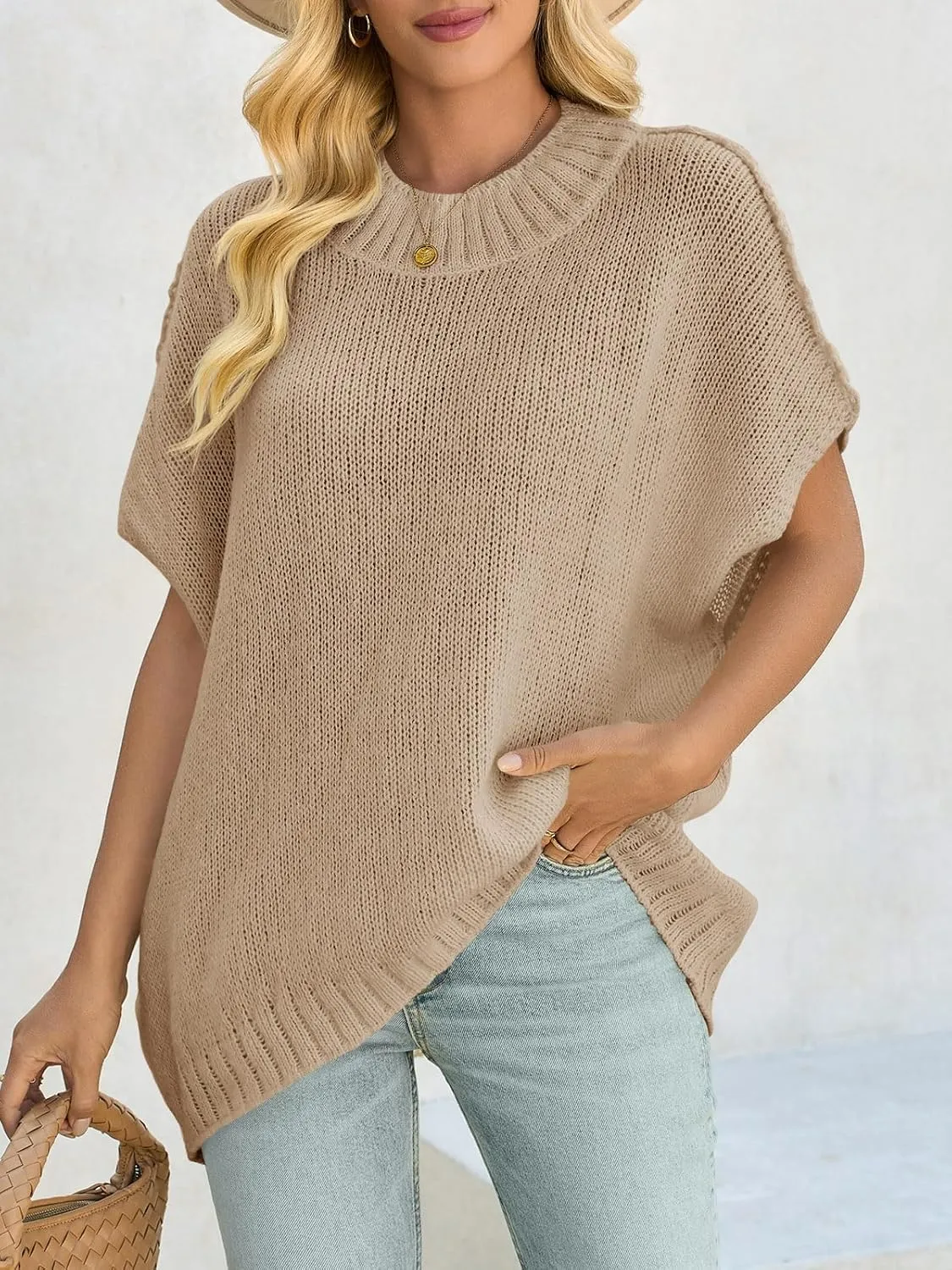 Saodimallsu Womens Oversized Sweater Tops Summer Lightweight Batwing Half Sleeve Casual Loose Knit Pullover Shirts