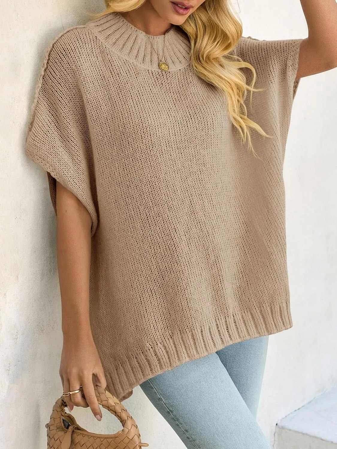 Saodimallsu Womens Oversized Sweater Tops Summer Lightweight Batwing Half Sleeve Casual Loose Knit Pullover Shirts