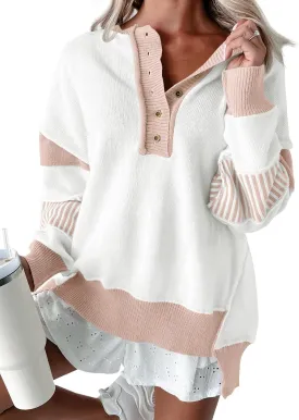 Saodimallsu Womens Oversized Sweaters Color Block Button Up Batwing Long Sleeve Henley Knit Loose Tunic Sweater Top