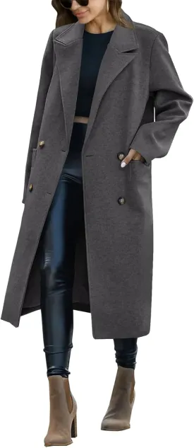 Saodimallsu Womens Trench Coat Winter Lapel Double Breasted Long Pea Coat Casual Work Office Overcoat with Pocket