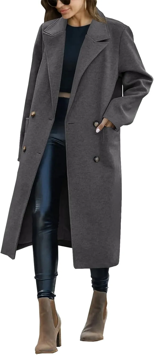 Saodimallsu Womens Trench Coat Winter Lapel Double Breasted Long Pea Coat Casual Work Office Overcoat with Pocket