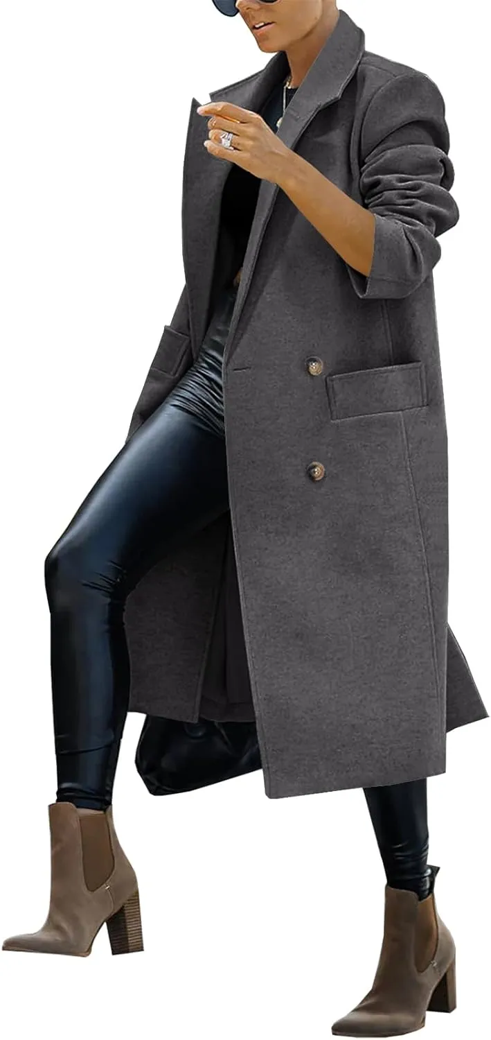 Saodimallsu Womens Trench Coat Winter Lapel Double Breasted Long Pea Coat Casual Work Office Overcoat with Pocket