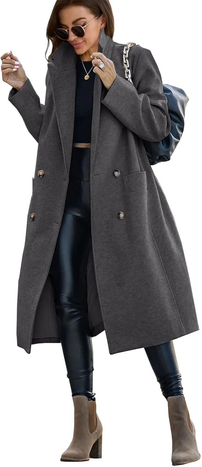 Saodimallsu Womens Trench Coat Winter Lapel Double Breasted Long Pea Coat Casual Work Office Overcoat with Pocket