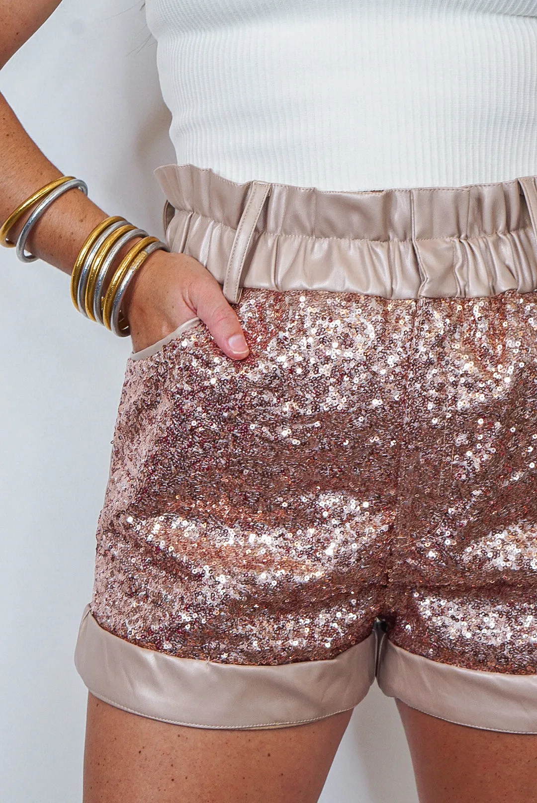 Sequin Celebration Taupe Leather Shorts