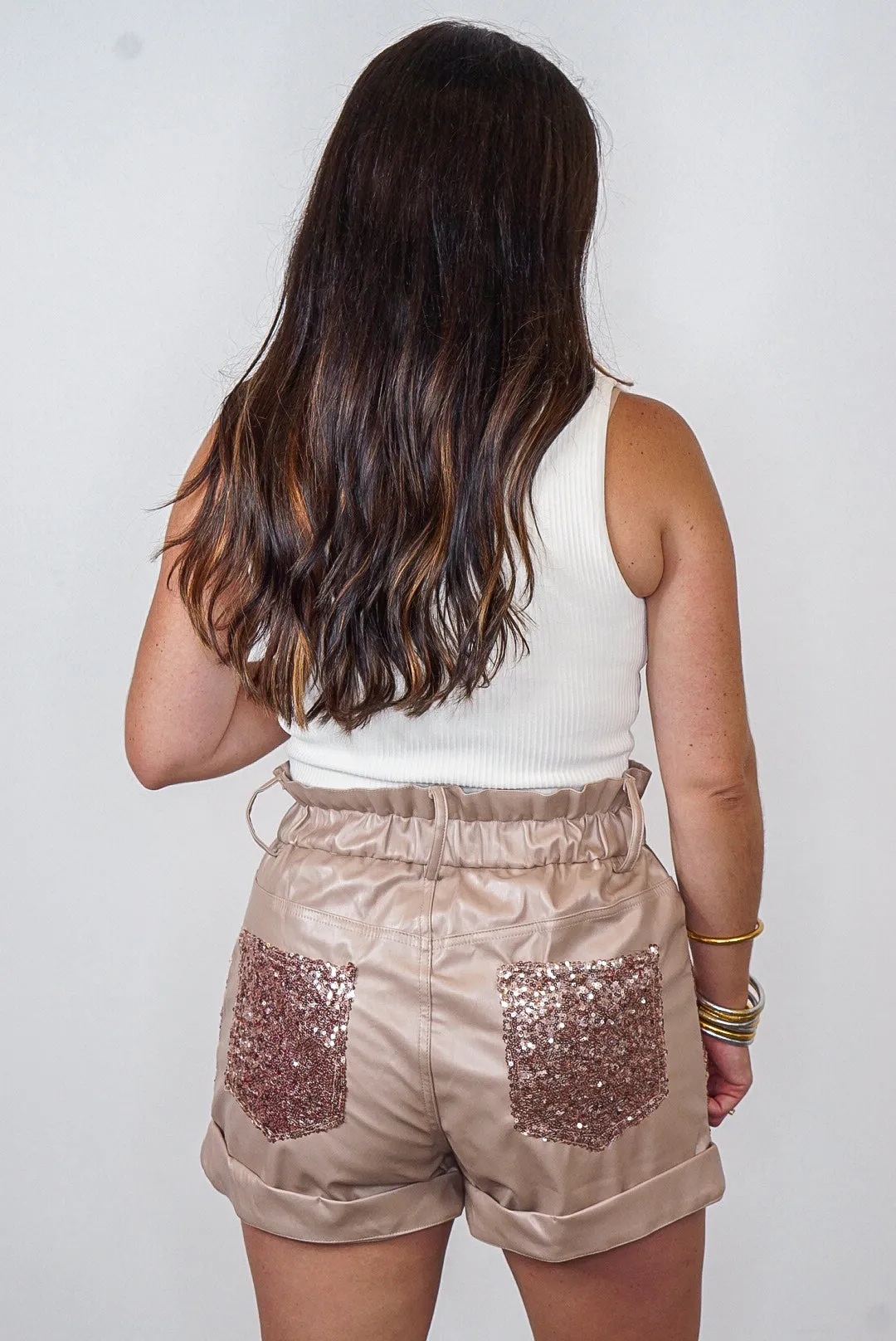 Sequin Celebration Taupe Leather Shorts