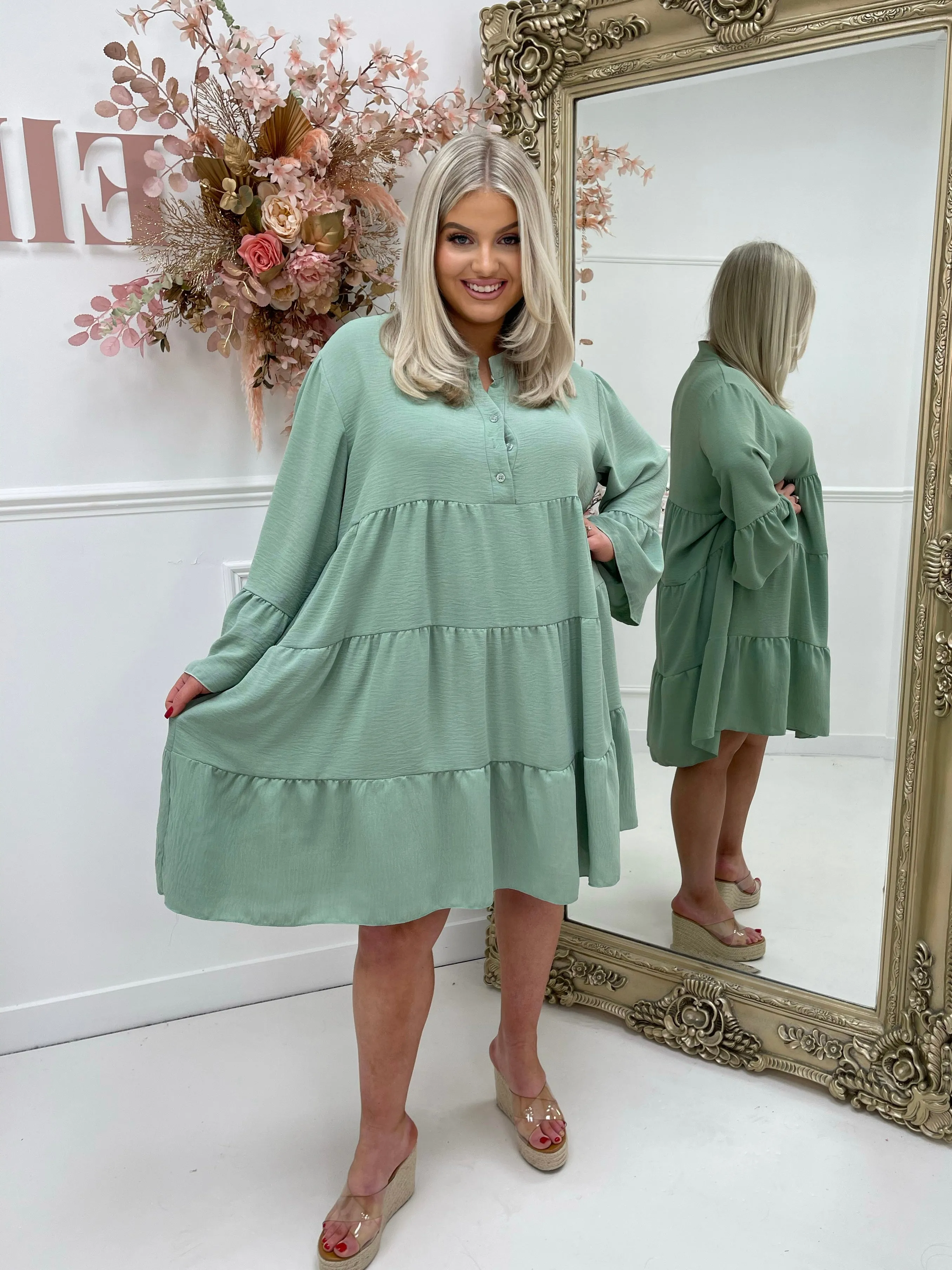 Shakira Sage Long Sleeve Smock Dress