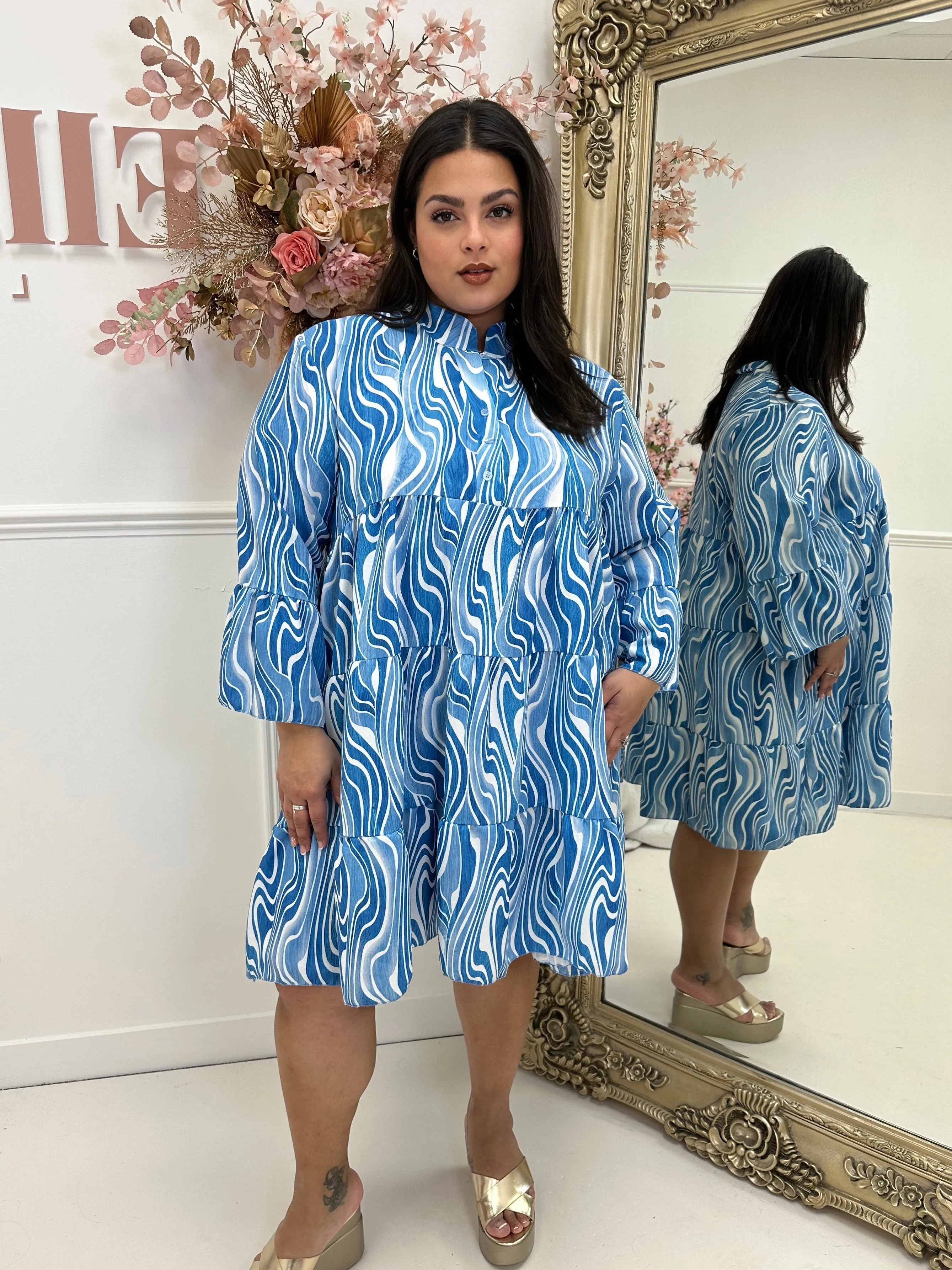 Shakira Swirl Blue Long Sleeve Smock Dress