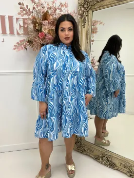 Shakira Swirl Blue Long Sleeve Smock Dress