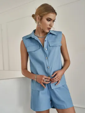 Sleeveless Padded Shoulder Shirt and Paperbag Shorts Set