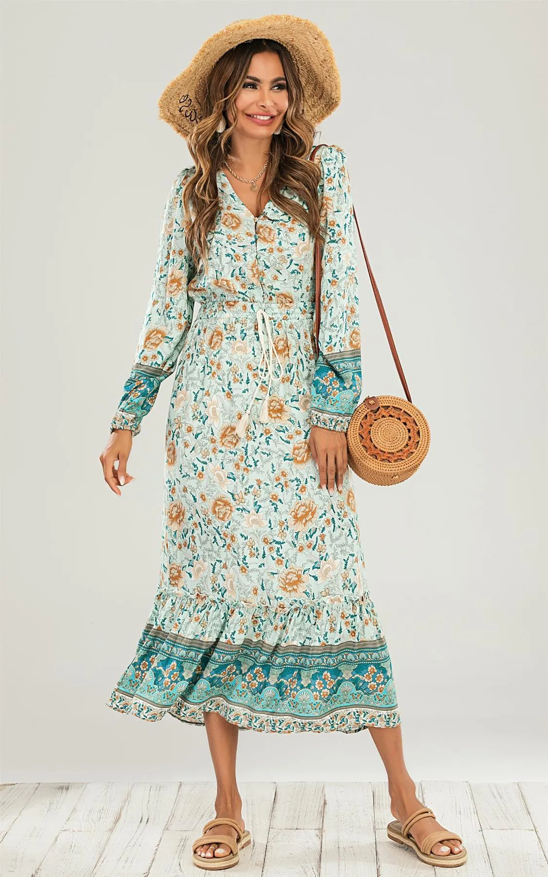 Smock Midi Dress In Mint Green & Orange Floral Printed