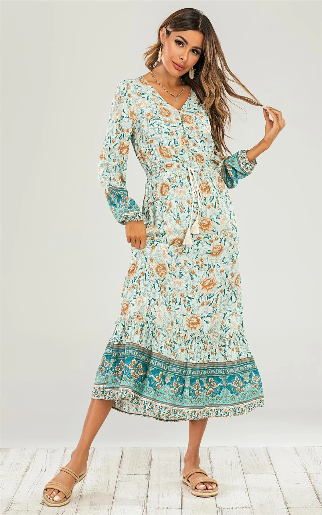 Smock Midi Dress In Mint Green & Orange Floral Printed