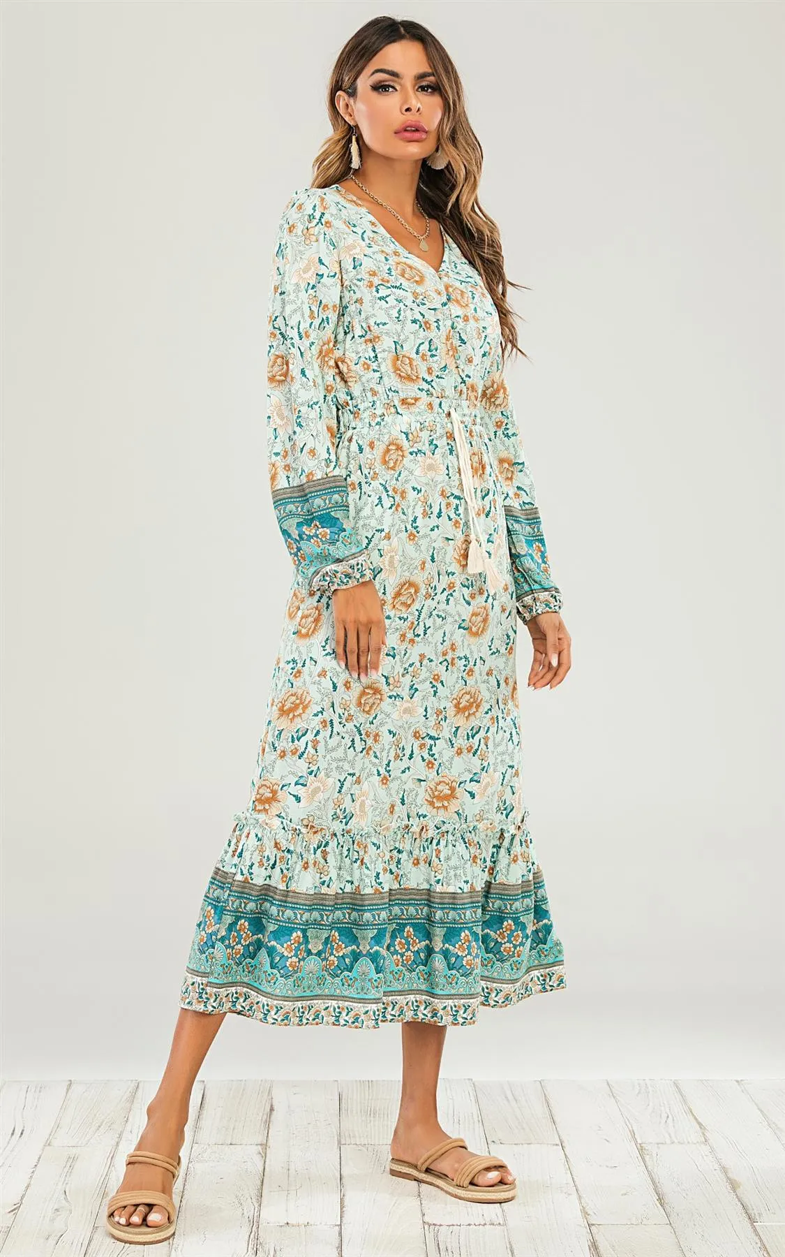 Smock Midi Dress In Mint Green & Orange Floral Printed