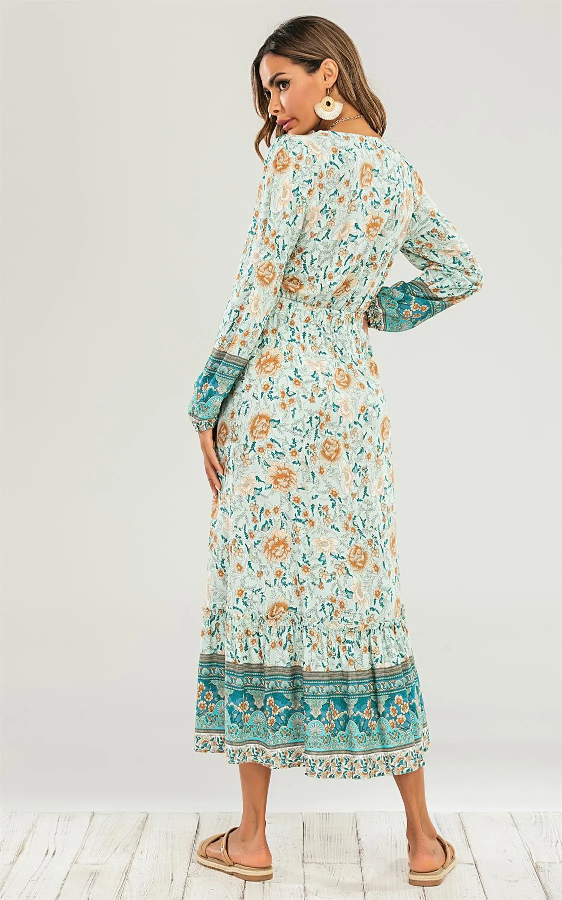 Smock Midi Dress In Mint Green & Orange Floral Printed