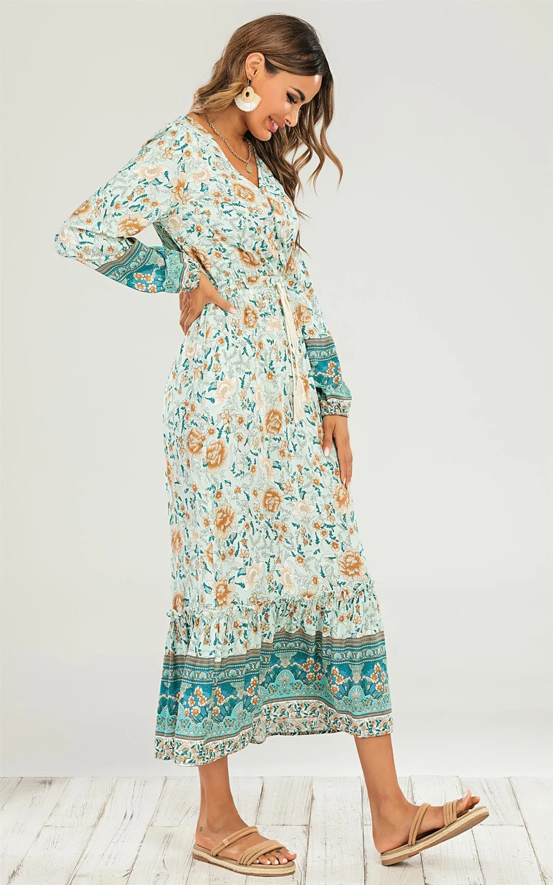Smock Midi Dress In Mint Green & Orange Floral Printed