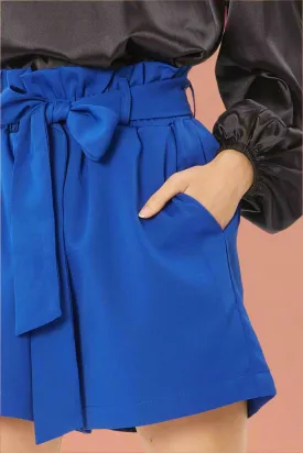 Solid Belted Paperbag Shorts With Pockets - Blue