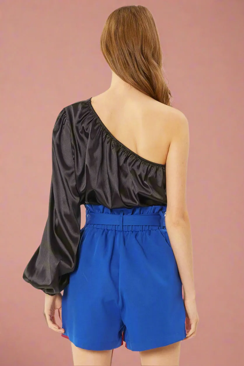 Solid Belted Paperbag Shorts With Pockets - Blue
