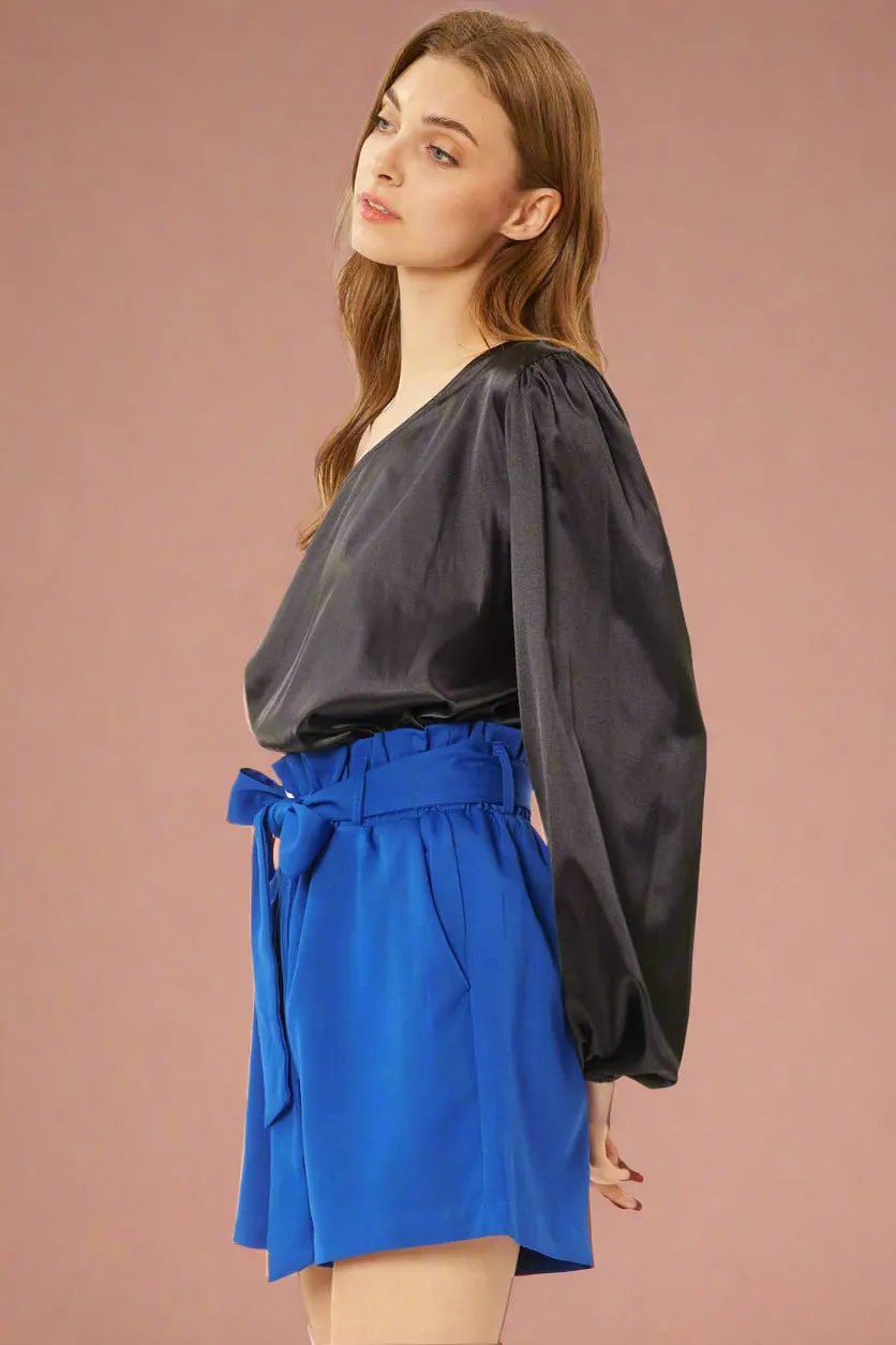 Solid Belted Paperbag Shorts With Pockets - Blue