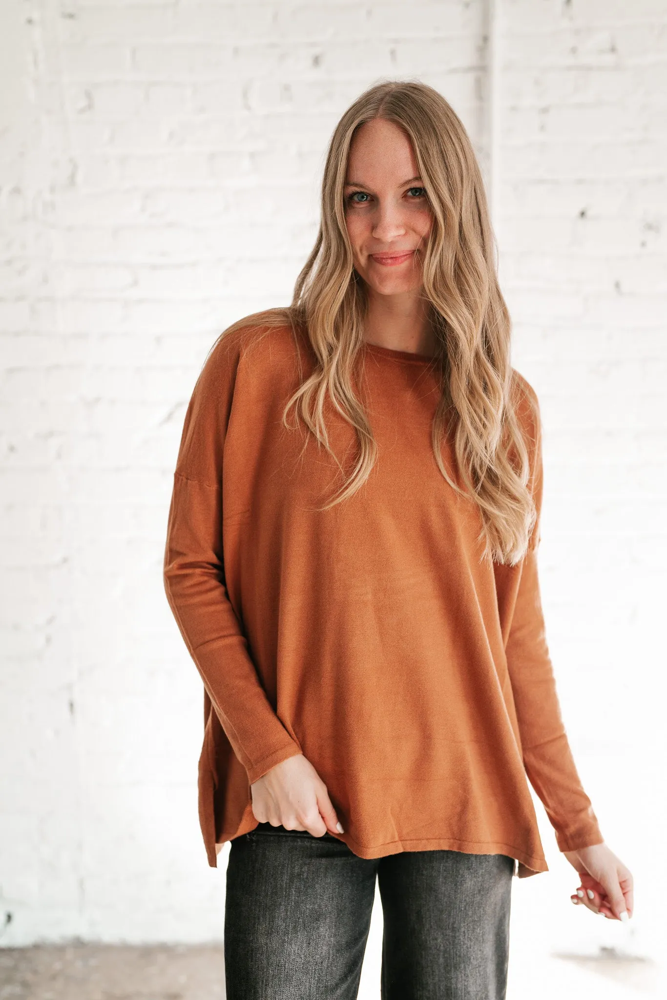 Stay Close Drop Shoulder Sweater - Rust
