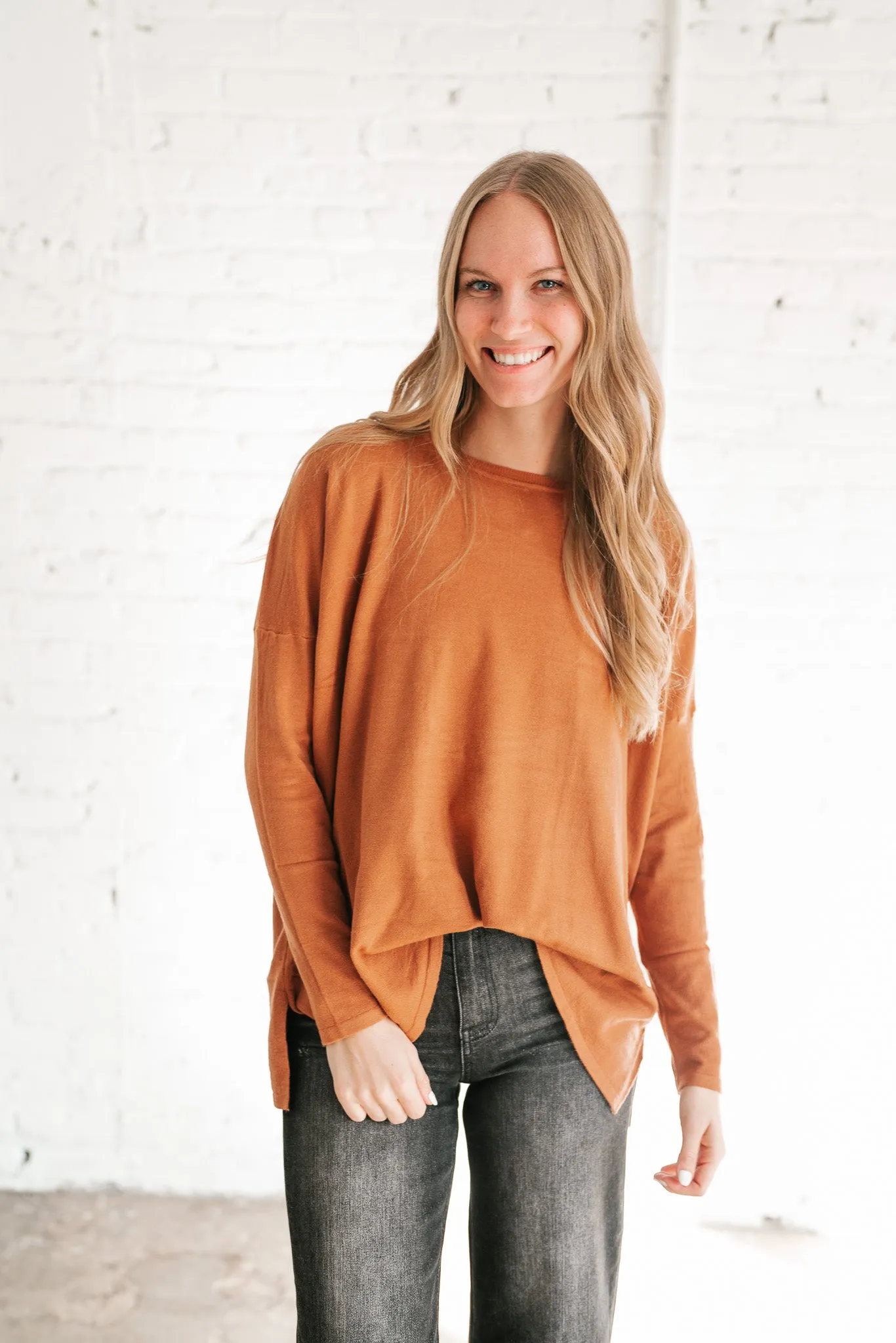 Stay Close Drop Shoulder Sweater - Rust