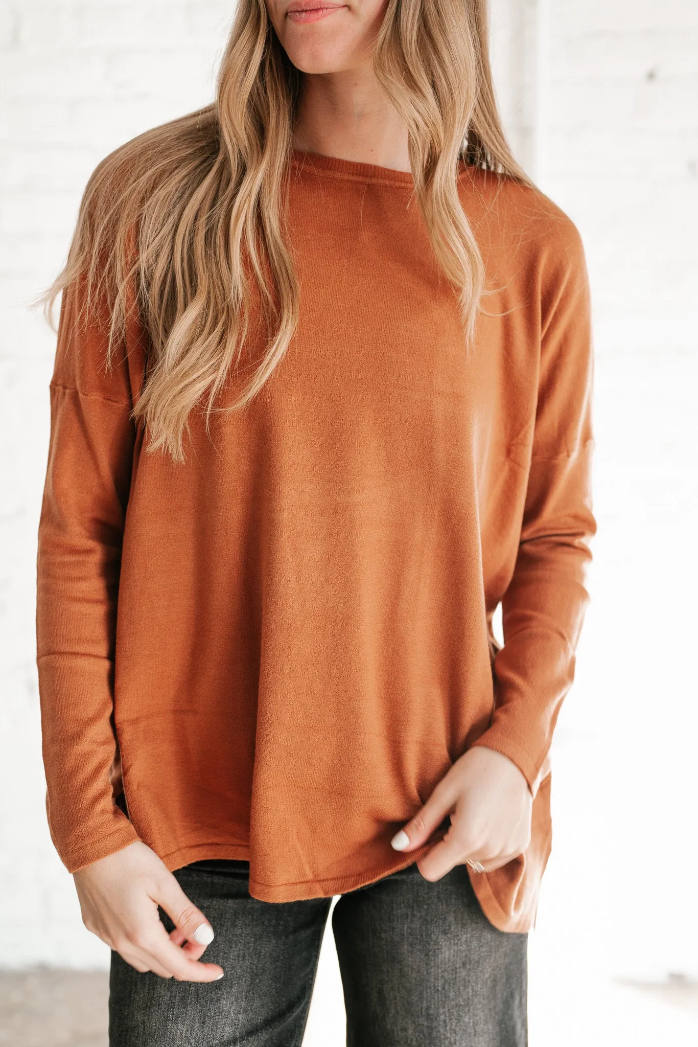 Stay Close Drop Shoulder Sweater - Rust