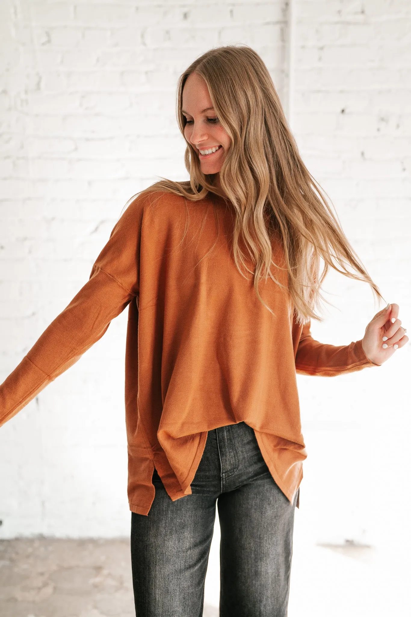 Stay Close Drop Shoulder Sweater - Rust
