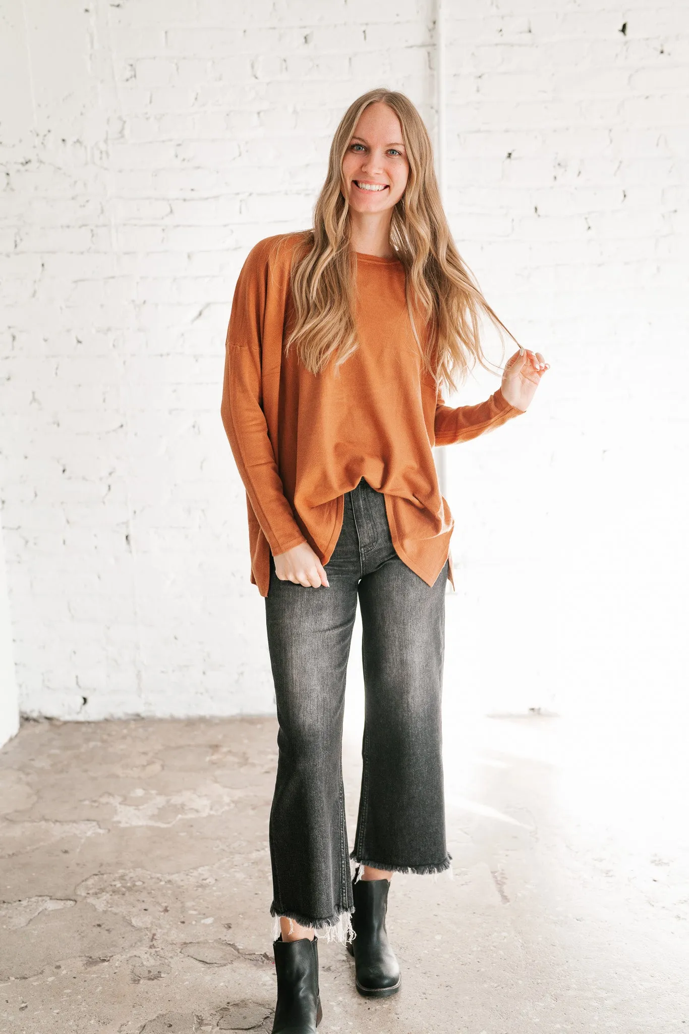 Stay Close Drop Shoulder Sweater - Rust