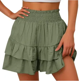 Summer Shorts for Women 2024 Elastic High Waisted Pleated Ruffle Mini Skirts Cute Beach Vacation Flowy Shorts Skorts