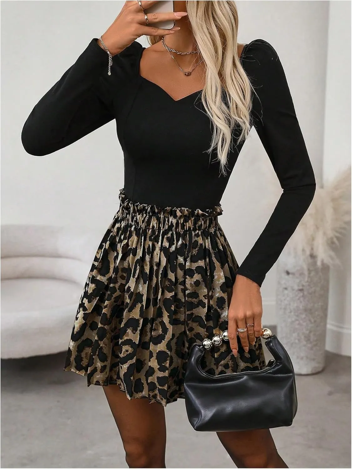 SweatyRocks Women's Leopard Print Pleated Mini Skirt Paperbag Waist Flared Short Skirts