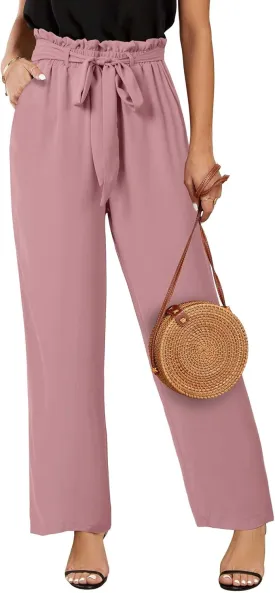 SySea Womens High Waisted Leopard Print Palazzo Pants Belted Wide Leg Long Trousers with Pockets