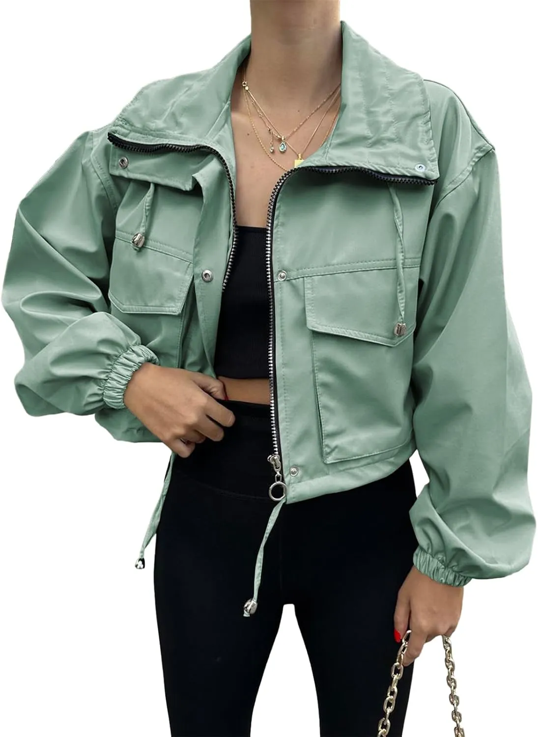 Tankaneo Womens Cropped Jacket Zip Up Lightweight Oversized Utility Anorak Coat with Pockets