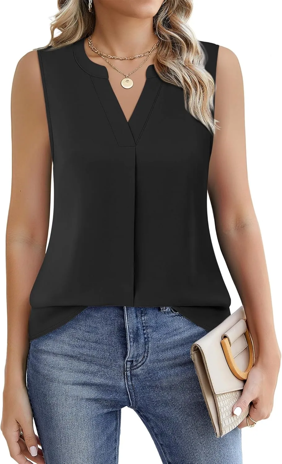 Timeson Women's Chiffon V Neck Sleeveless Blouse Tops Office Work Shirts