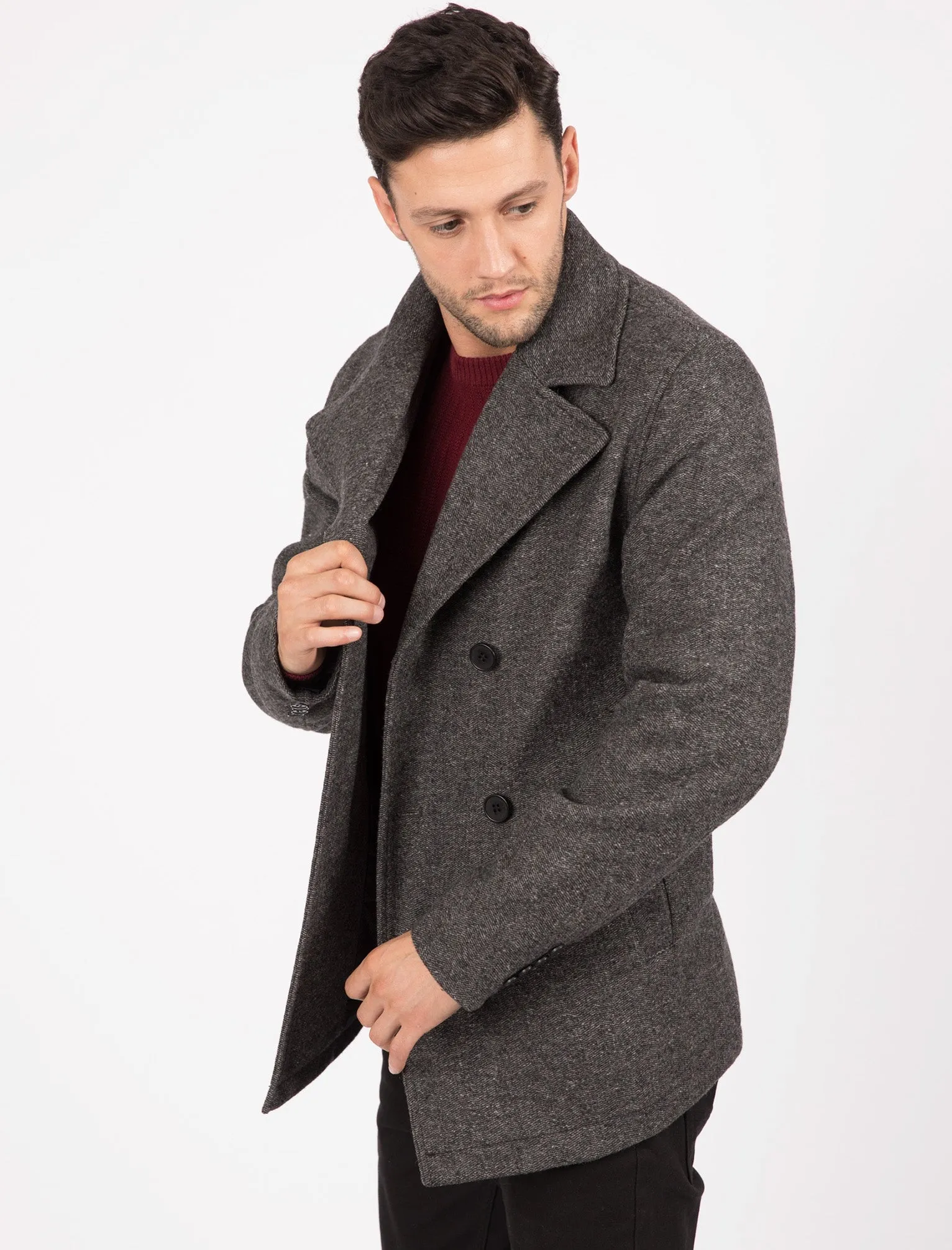 Vincenzio Herringbone Wool Blend Pea Coat In Dark Grey - Tokyo Laundry
