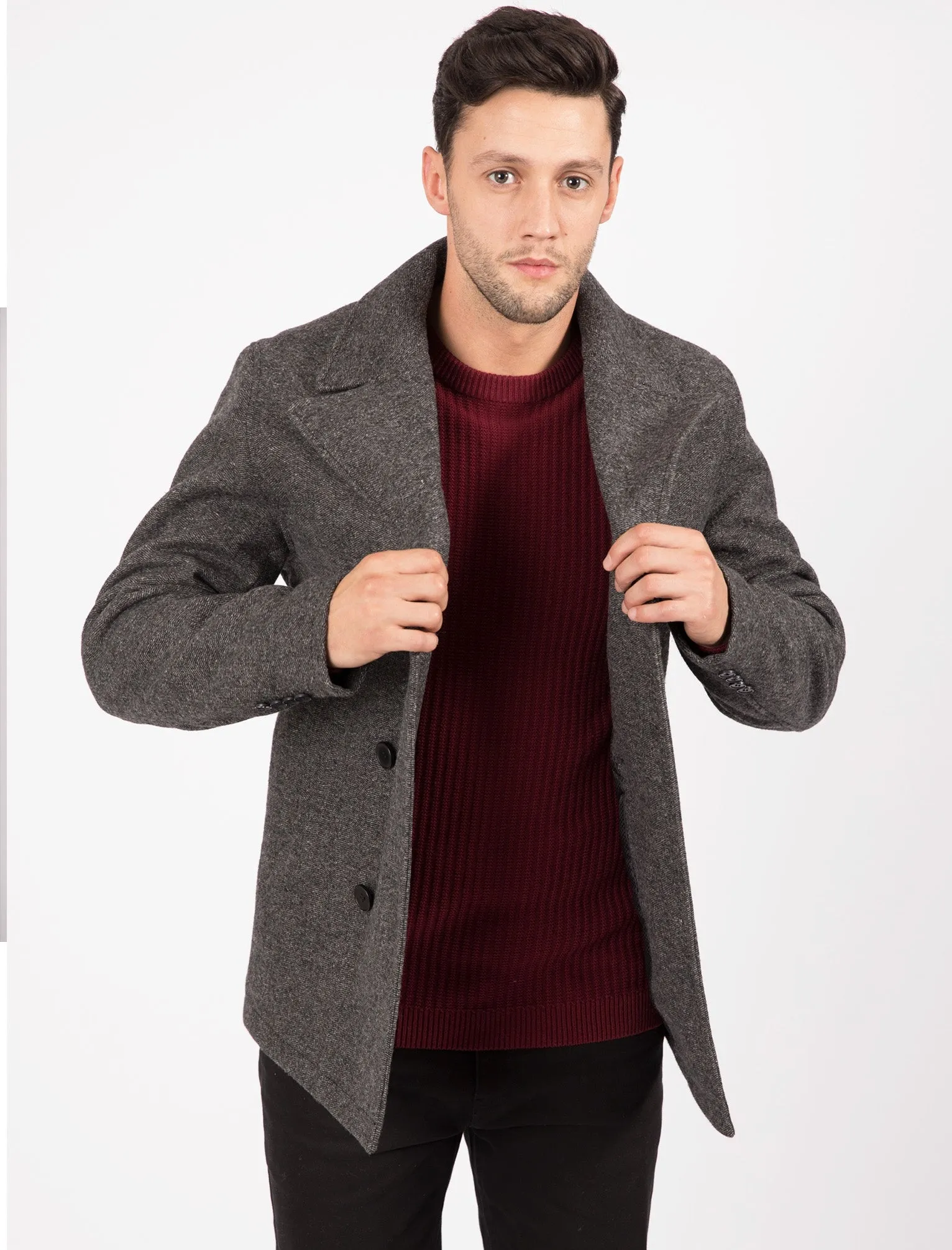 Vincenzio Herringbone Wool Blend Pea Coat In Dark Grey - Tokyo Laundry