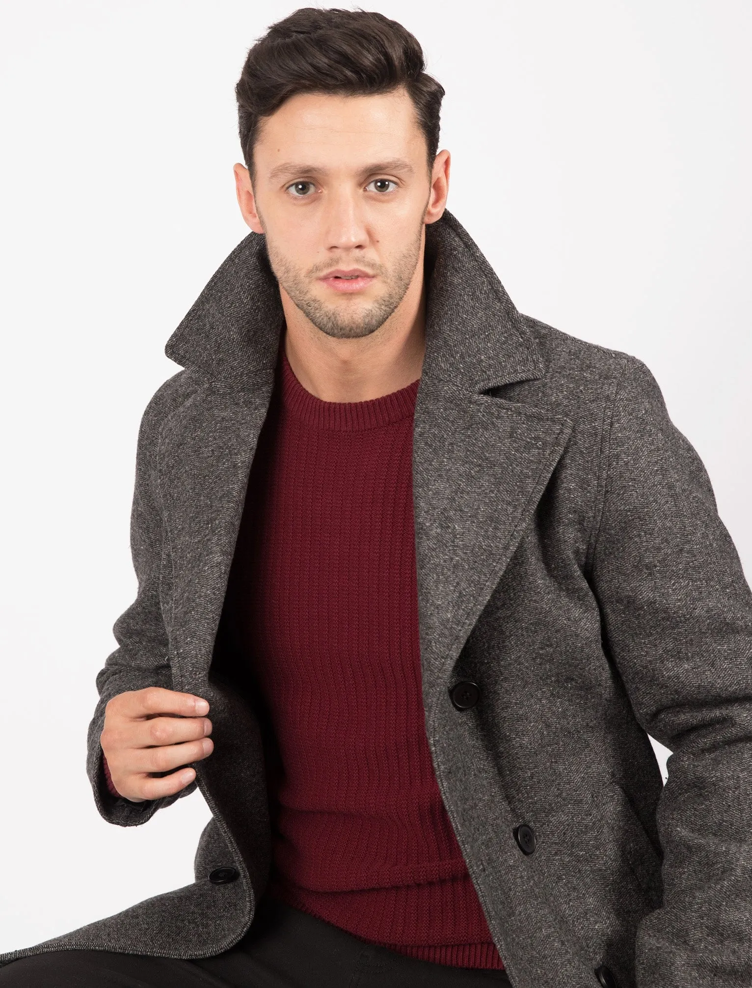 Vincenzio Herringbone Wool Blend Pea Coat In Dark Grey - Tokyo Laundry