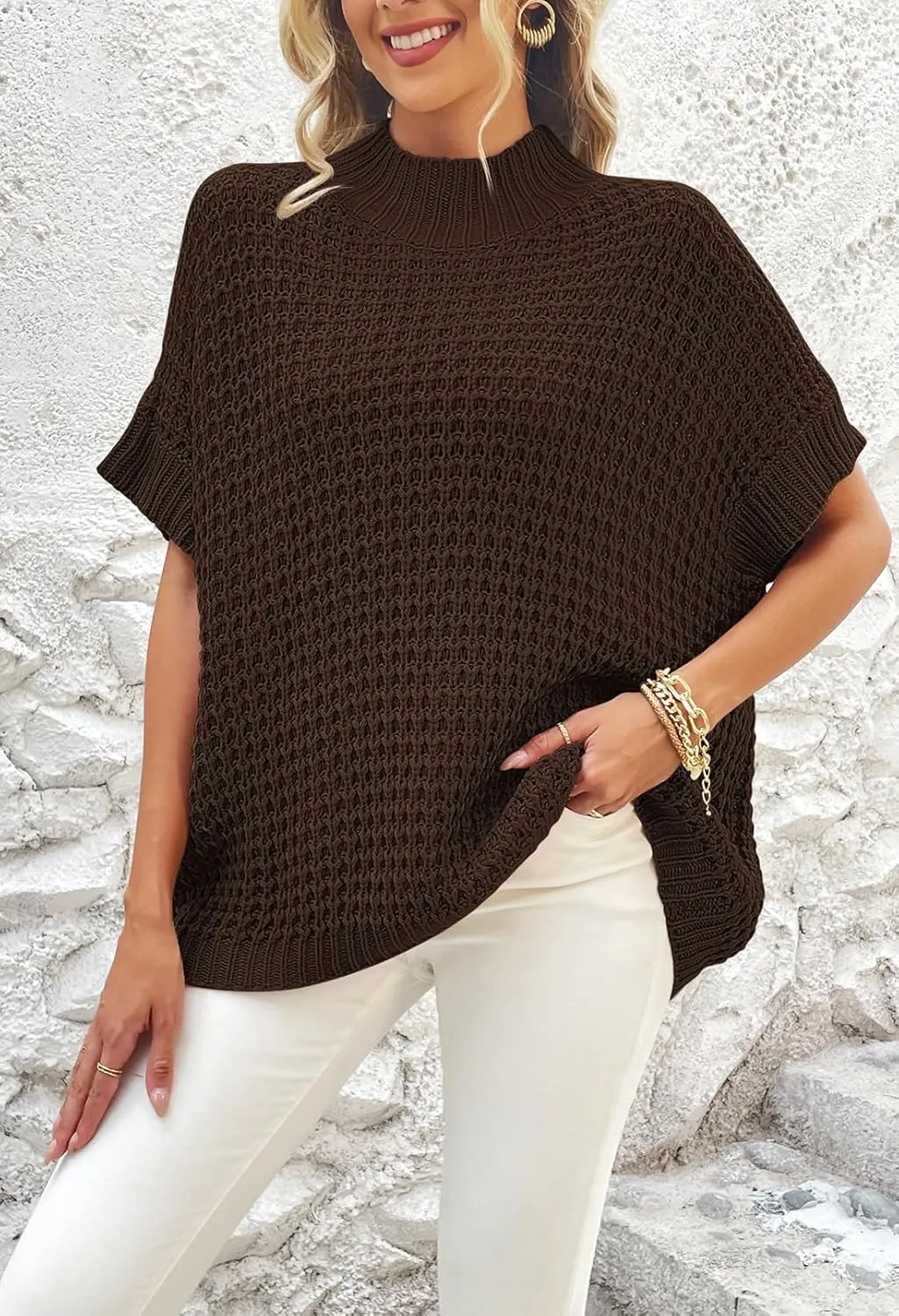 Viottiset Womens Oversized Short Batwing Sleeve Mock Neck Sweater Vest Fall Sleeveless Pullover Knit Sweaters