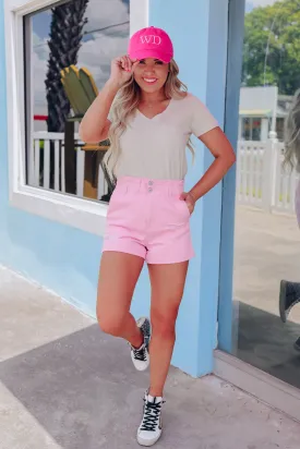 Warm Days Denim Paperbag Shorts - Pink